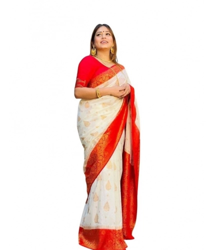 Women's Soft Lichi Silk Printed Saree With Unstitched Blouse 5.5Mtr (White)