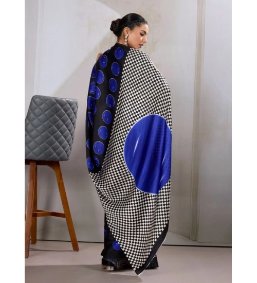 Women's Satin Crepe Printed Saree With Unstitched Blouse 5.5Mtr (Blue)