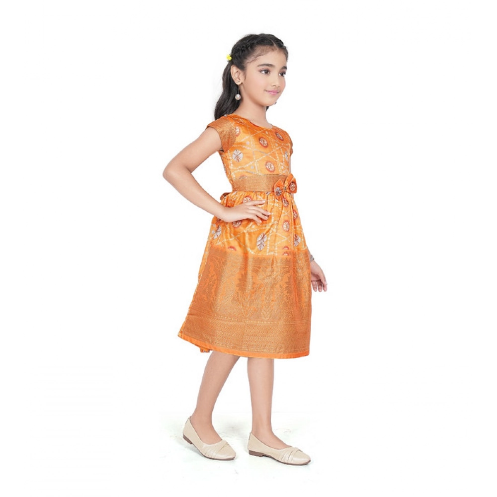 Girl's Brocket Silk Printed Short Sleeve Round Neck Dress (Orange)