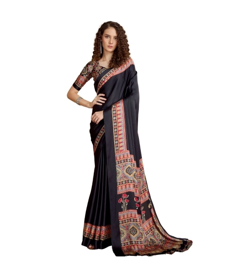 Women's Satin Crepe Printed Saree With Unstitched Blouse 5.5Mtr (Black)