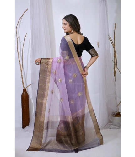Women's Organza jacquard Embellished Saree With Unstitched Blouse 5.5Mtr (Purple)