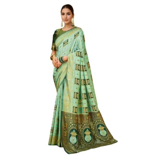 Women's Silk Blend Woven Zari Work Saree With Unstitched Blouse 5.5Mtr (Mint Green)