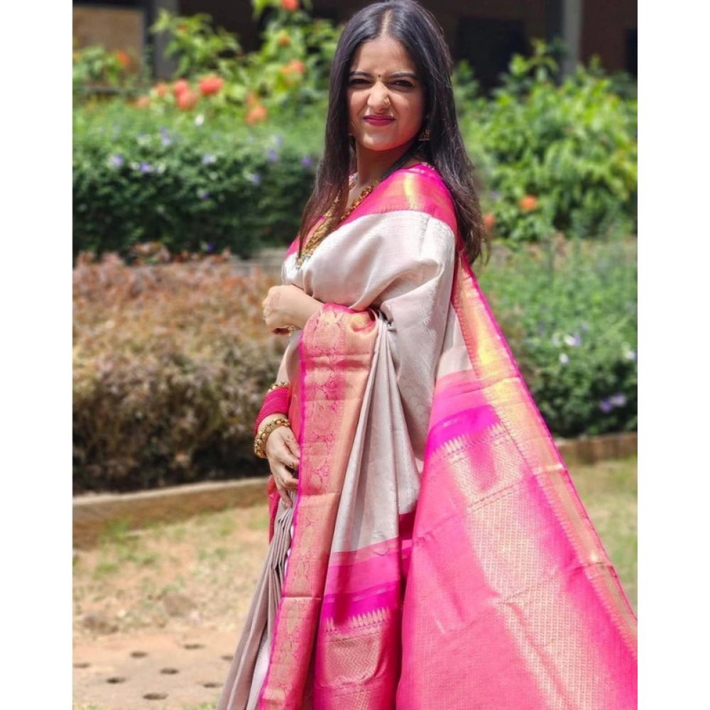 Women's Soft Lichi Silk Printed Saree With Unstitched Blouse 5.5Mtr (Grey)