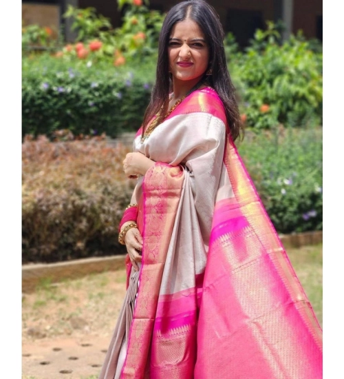 Women's Soft Lichi Silk Printed Saree With Unstitched Blouse 5.5Mtr (Grey)