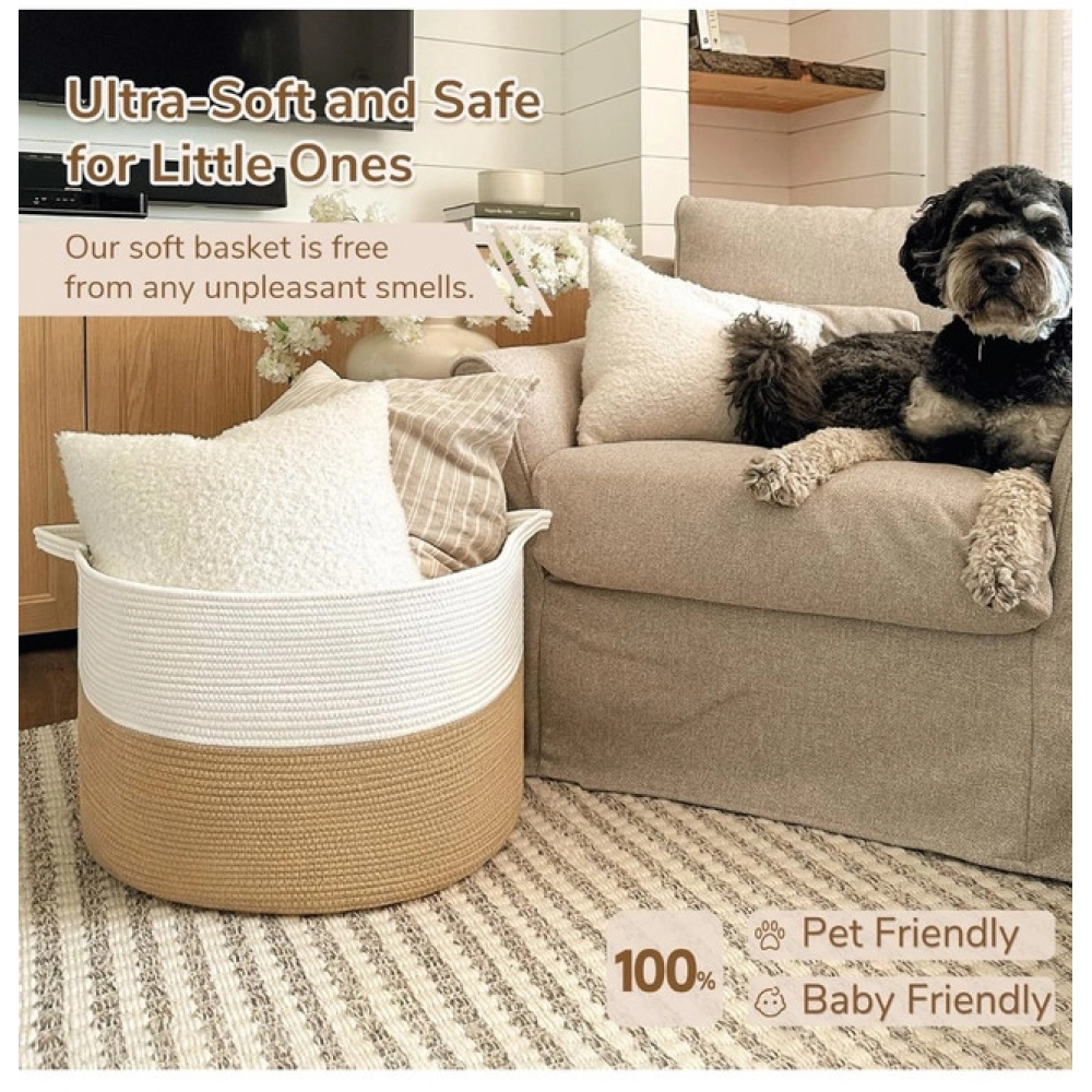 Cotton 16x14 Inch Pack of 1 Storage Basket For Clothes (Beige-White)