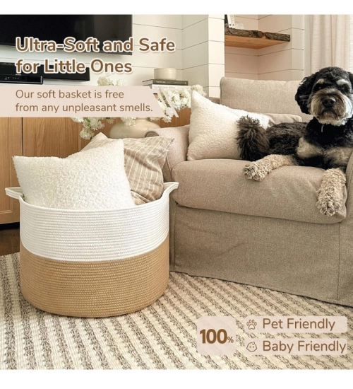 Cotton 16x14 Inch Pack of 1 Storage Basket For Clothes (Beige-White)