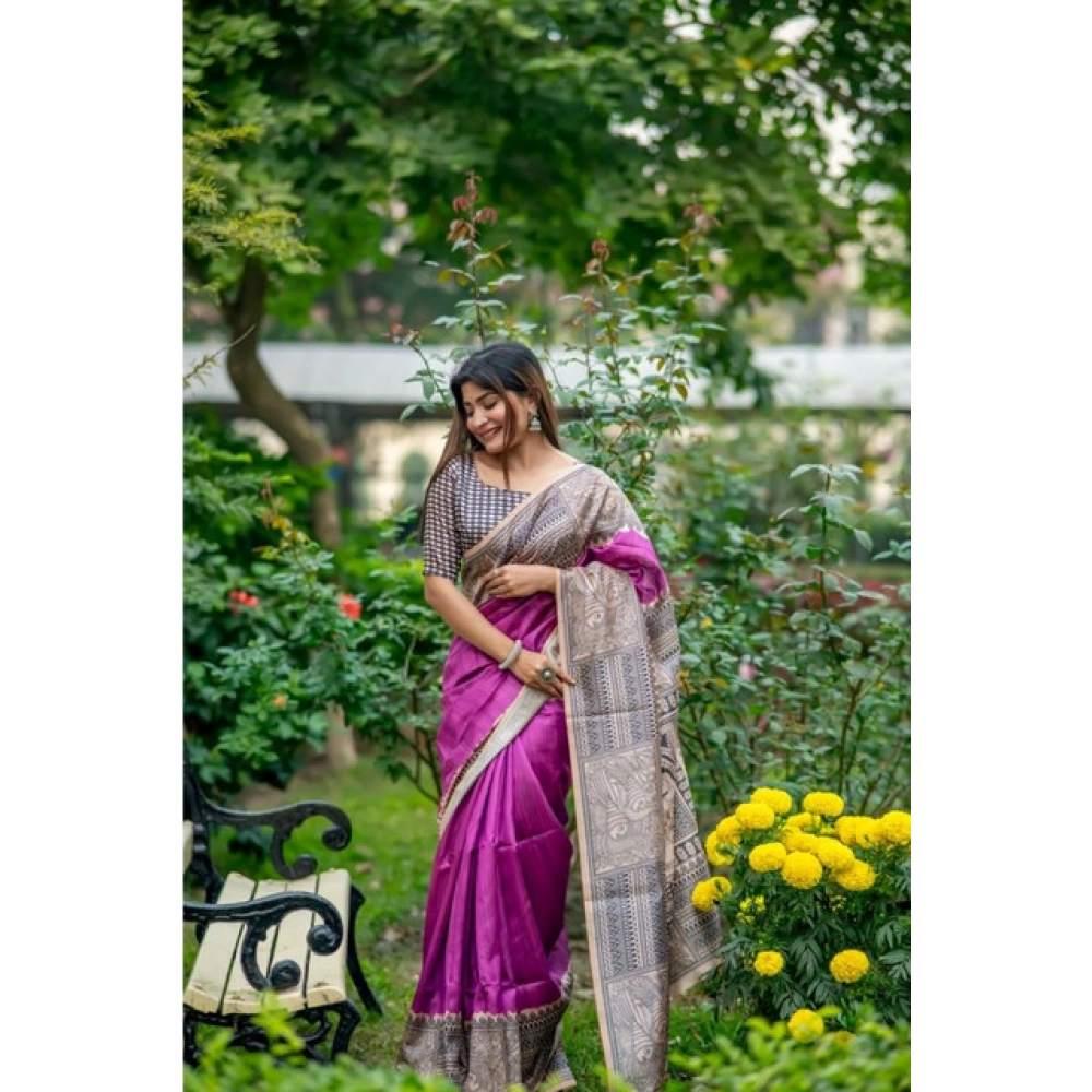 Women's Faux_Tussar Geometric_Print Saree With Unstitched Blouse 5.5Mtr (Purple) Women's Faux_Tussar Geometric_Print Saree With Unstitched Blouse 5.5Mtr (Purple)