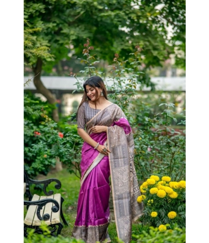 Women's Faux_Tussar Geometric_Print Saree With Unstitched Blouse 5.5Mtr (Purple)