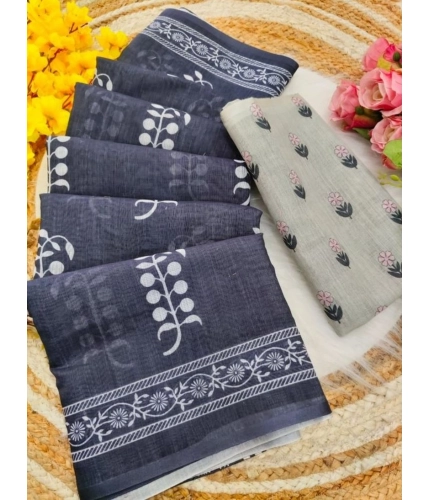 Women's Linen Printed Saree With Unstitched Blouse 5.5Mtr (Grey)