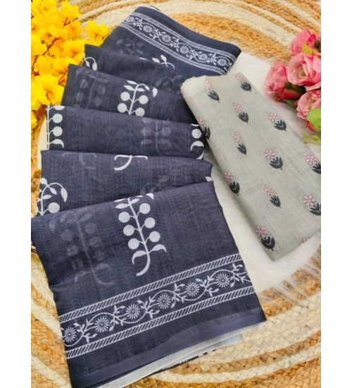 Women's Linen Printed Saree With Unstitched Blouse 5.5Mtr (Grey)