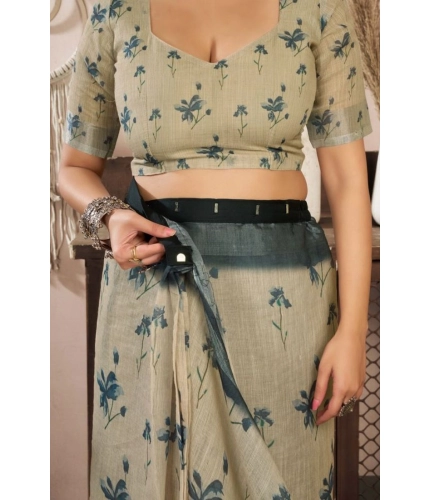 Women's Faux Linen Floral Print Ready to wear Saree With Unstitched Blouse 5.5Mtr (LightBeige)