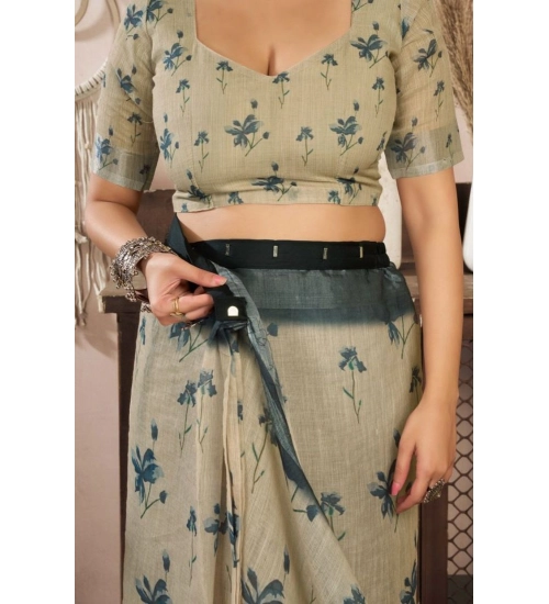 Women's Faux Linen Floral Print Ready to wear Saree With Unstitched Blouse 5.5Mtr (LightBeige)