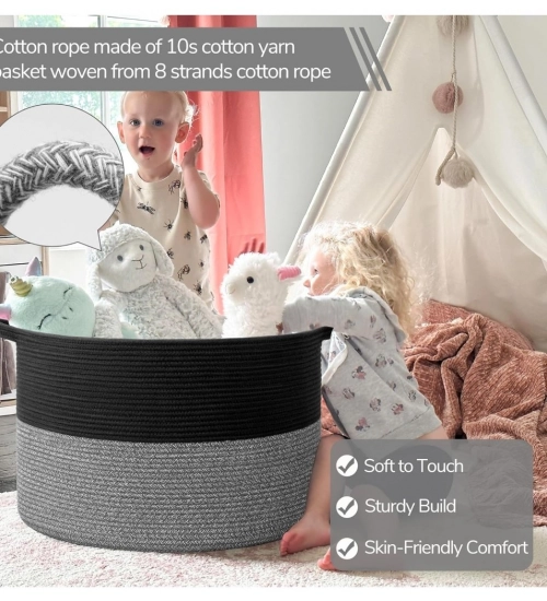 Cotton Kidi-16x14 Inch Pack of 1 Storage Basket For Clothes (Black-Black Kidi)