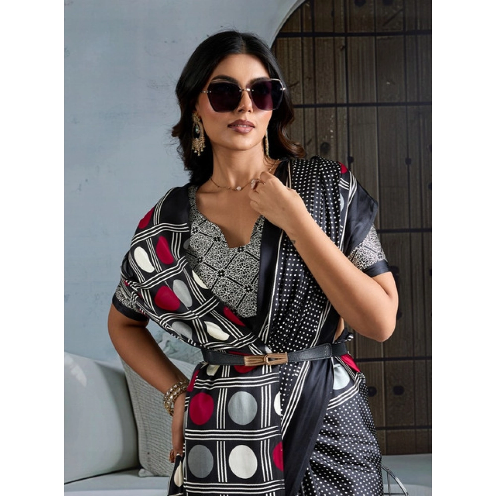Women's Satin Crepe Printed Saree With Unstitched Blouse 5.5Mtr (Black)
