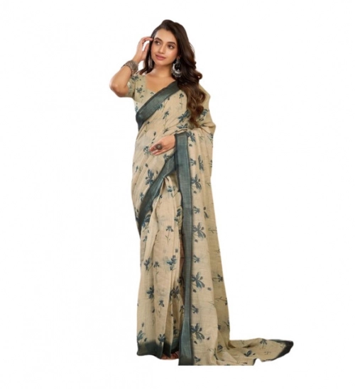 Women's Linen Cotton Printed Ready To Wear Saree With Unstitched Blouse 5.5 Mtr (Light_Beige)