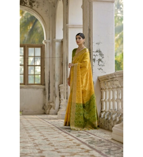 Women's Silk_Blend Ethnic Ikat Pattern Saree With Unstitched Blouse 5.5Mtr (Yellow)