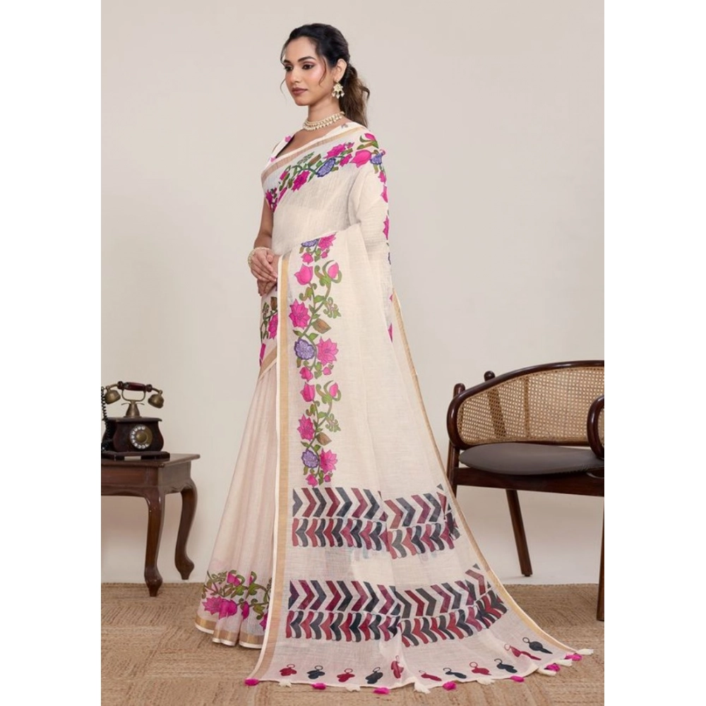 Women's Linen Floral Printed Saree With Unstitched Blouse 5.5Mtr (Cream) Women's Linen Floral Printed Saree With Unstitched Blouse 5.5Mtr (Cream)