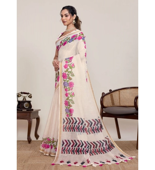 Women's Linen Floral Printed Saree With Unstitched Blouse 5.5Mtr (Cream)