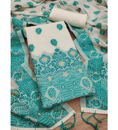 Women's Banarasi Silk Printed Unstitched Salwar Suit Material With Dupatta (Teal, 3Mtrs)