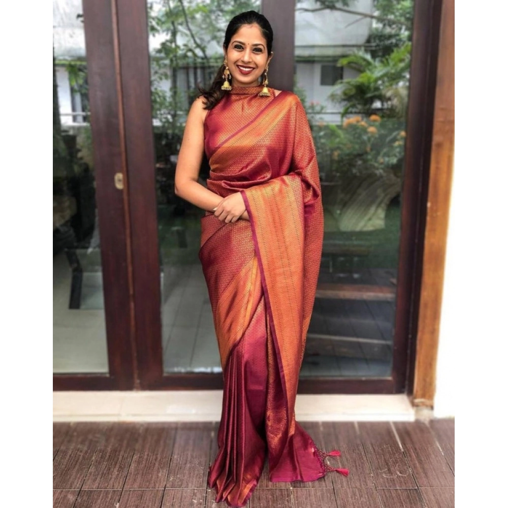 Women's Litchi silk Printed Saree With Unstitched Blouse (Red) Women's Litchi silk Printed Saree With Unstitched Blouse (Red)