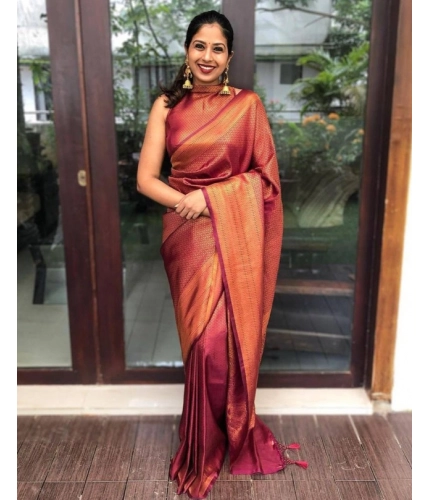 Women's Litchi silk Printed Saree With Unstitched Blouse (Red)