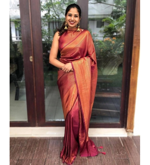 Women's Litchi silk Printed Saree With Unstitched Blouse (Red)