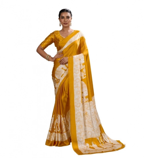 Women's Satin Crepe Printed Saree With Unstitched Blouse 5.5Mtr (Mustard)