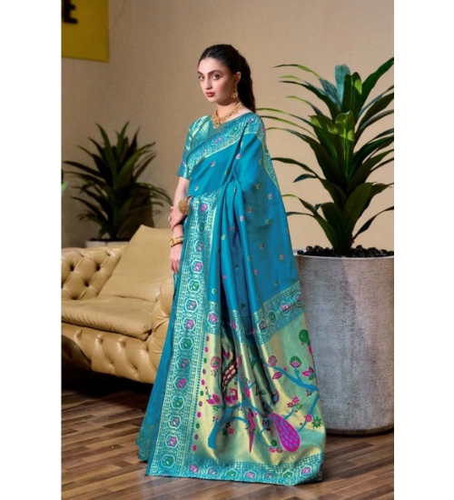 Women's Silk Blend Paithani Weaving Saree With Unstitched Blouse 5.5Mtr (Rama)