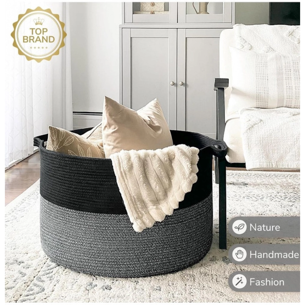 Cotton 16x14 Inch Pack of 1 Storage Basket For Clothes (Black)