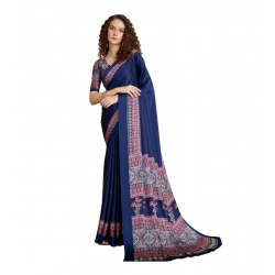 Women's Satin Crepe Printed Saree With Unstitched Blouse 5.5Mtr (Navy Blue)