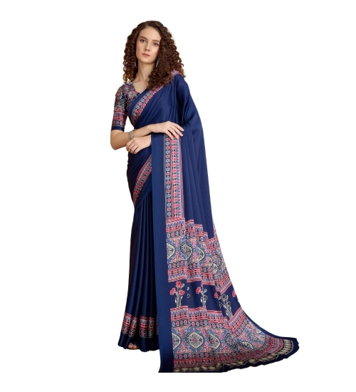 Women's Satin Crepe Printed Saree With Unstitched Blouse 5.5Mtr (Navy Blue)
