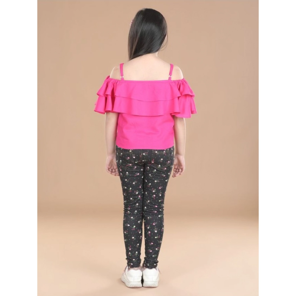 Girl's Cotton Floral Elasticated Jegging and Top Set (Pink)