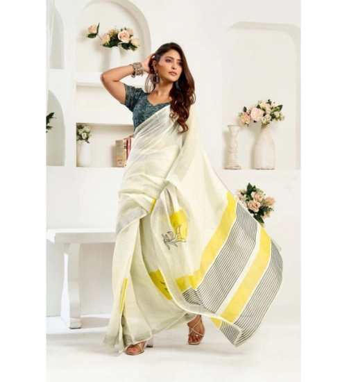 Women's Linen Cotton Printed Ready To Wear Saree With Unstitched Blouse 5.5 Mtr (Off_White) Women's Linen Cotton Printed Ready To Wear Saree With Unstitched Blouse 5.5 Mtr (Off_White)