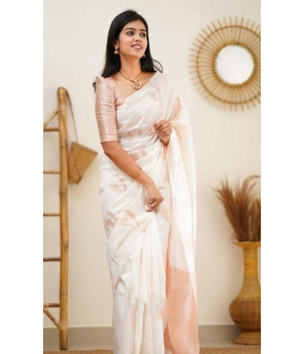 Women's Litchi silk Printed Saree With Unstitched Blouse (White)