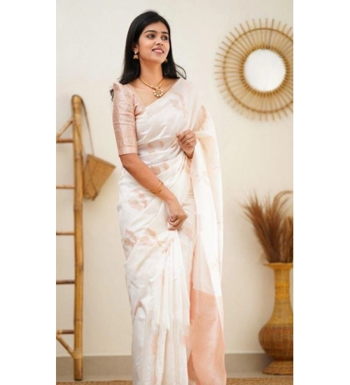 Women's Litchi silk Printed Saree With Unstitched Blouse (White)