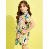 Girl's Polyester Cotton Blend Pattern-Floral Short Sleeves Skorts Set (Blue-Multicolor)