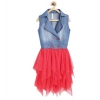 Girl's Denim Roll Up Buttoned Dress (Blue-Red) Girl's Denim Roll Up Buttoned Dress (Blue-Red)