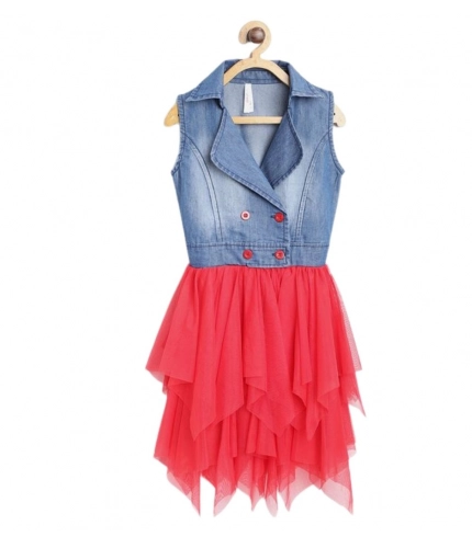 Girl's Denim Roll Up Buttoned Dress (Blue-Red)