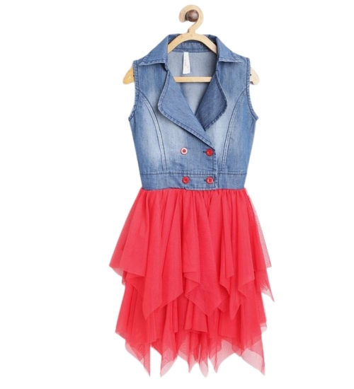 Girl's Denim Roll Up Buttoned Dress (Blue-Red)