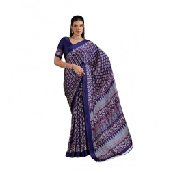 Women's Satin Crepe Printed Saree With Unstitched Blouse 5.5Mtr (Navy Blue)