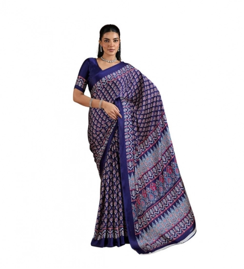 Women's Satin Crepe Printed Saree With Unstitched Blouse 5.5Mtr (Navy Blue)