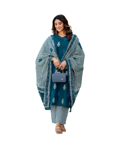Women's Cotton Blend Printed Kurti With Pant Dupatta Set (Morpichh)