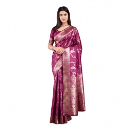 Women's Banarasi Silk Printed Saree With Unstitched Blouse 5.5Mtr (Wine)