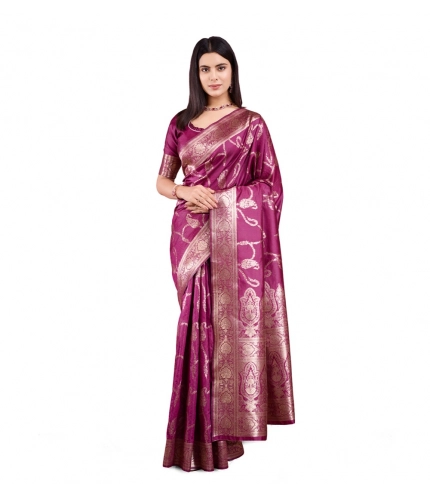 Women's Banarasi Silk Printed Saree With Unstitched Blouse 5.5Mtr (Wine)