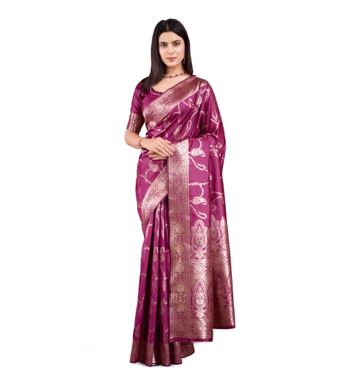 Women's Banarasi Silk Printed Saree With Unstitched Blouse 5.5Mtr (Wine)
