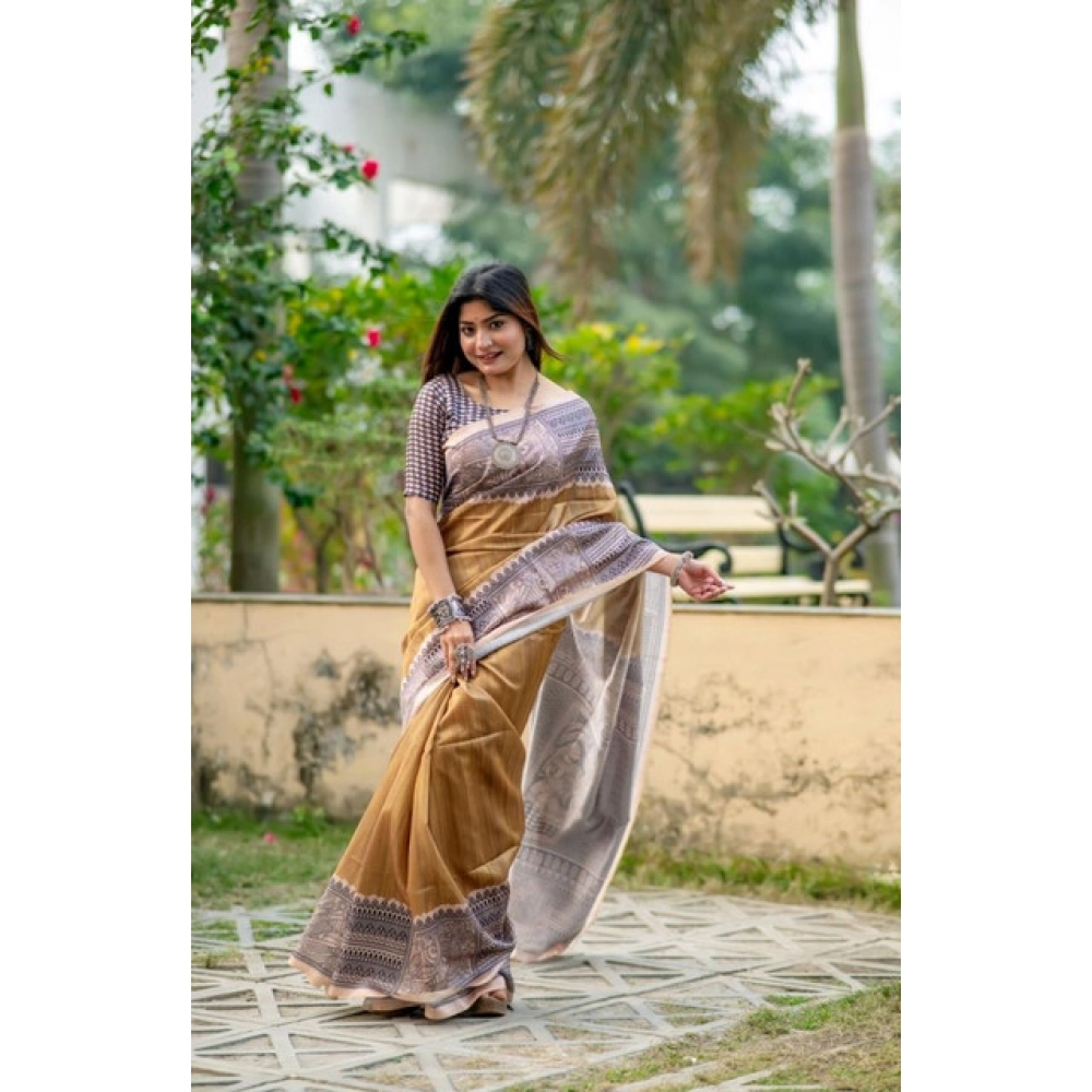 Women's Faux_Tussar Geometric_Print Saree With Unstitched Blouse 5.5Mtr (Mustard) Women's Faux_Tussar Geometric_Print Saree With Unstitched Blouse 5.5Mtr (Mustard)