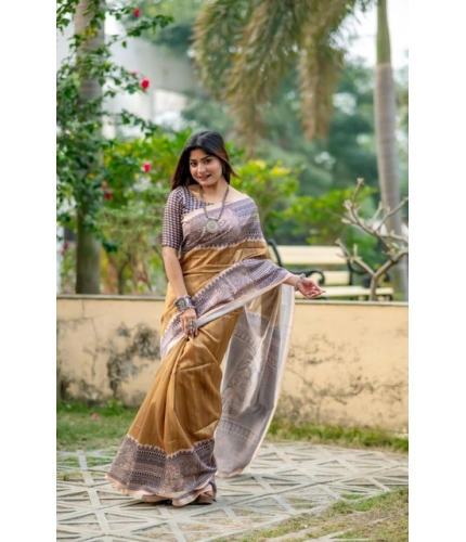 Women's Faux_Tussar Geometric_Print Saree With Unstitched Blouse 5.5Mtr (Mustard)