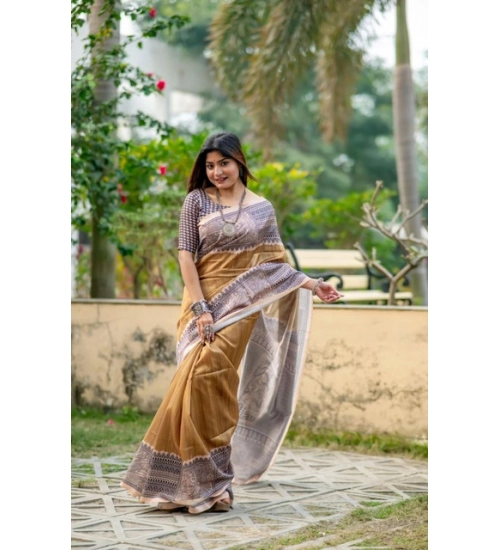 Women's Faux_Tussar Geometric_Print Saree With Unstitched Blouse 5.5Mtr (Mustard)