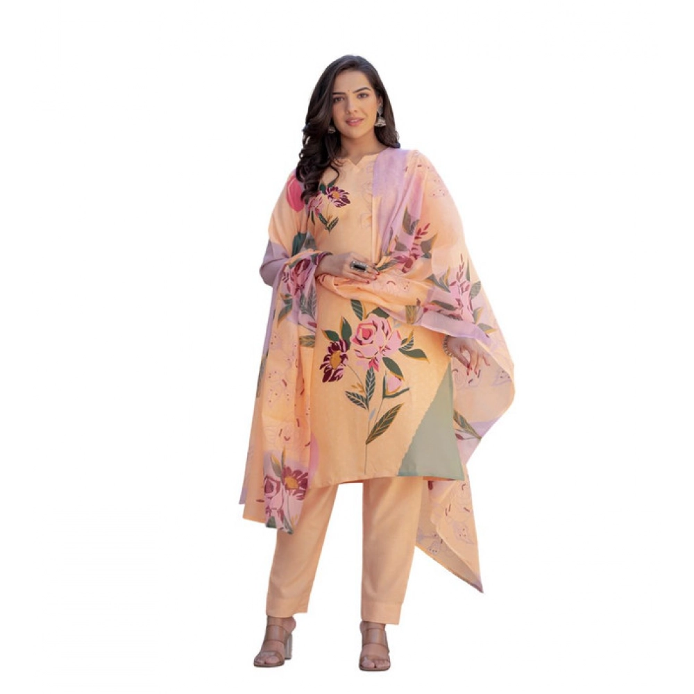 Women's Cotton Blend Printed Kurti With Pant Dupatta Set (Orange) Women's Cotton Blend Printed Kurti With Pant Dupatta Set (Orange)