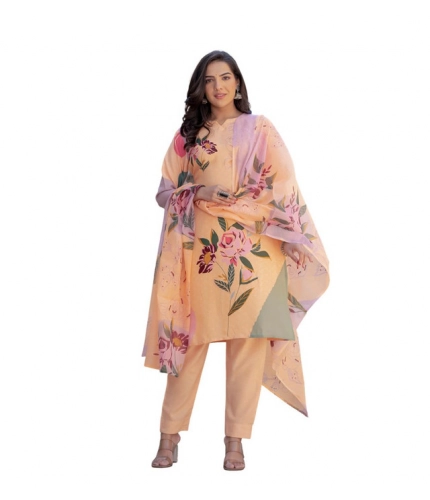 Women's Cotton Blend Printed Kurti With Pant Dupatta Set (Orange)